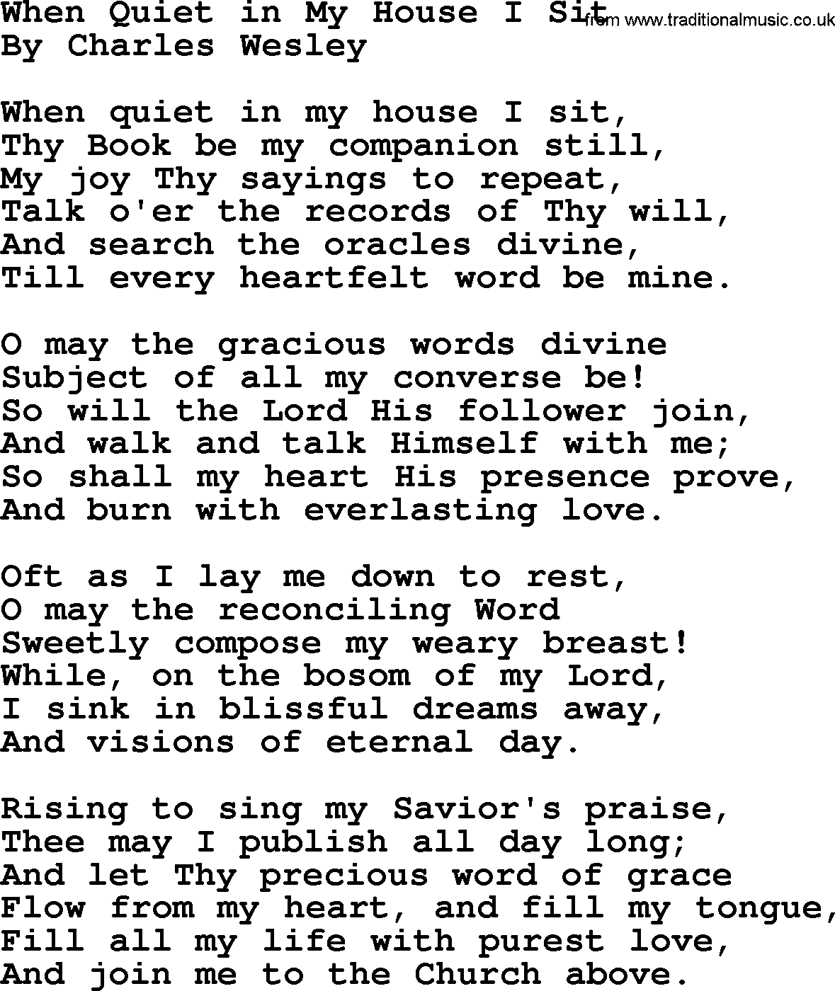 Charles Wesley hymn: When Quiet In My House I Sit, lyrics