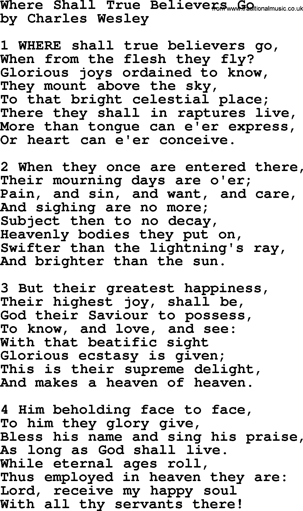 Charles Wesley hymn: Where Shall True Believers Go, lyrics