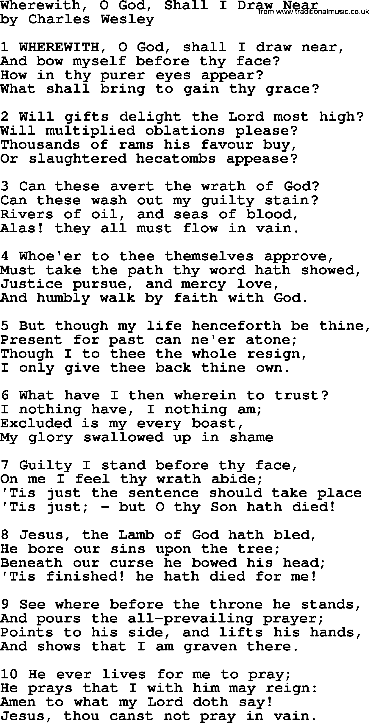Charles Wesley hymn: Wherewith, O God, Shall I Draw Near, lyrics