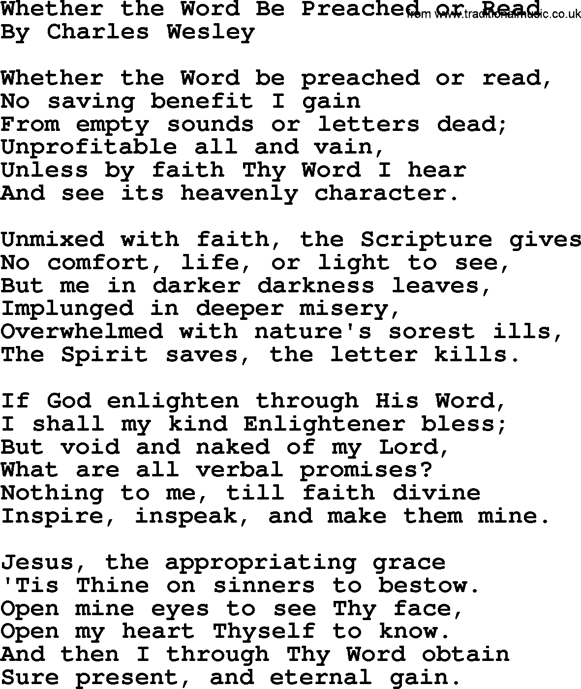 Charles Wesley hymn: Whether the Word Be Preached or Read, lyrics