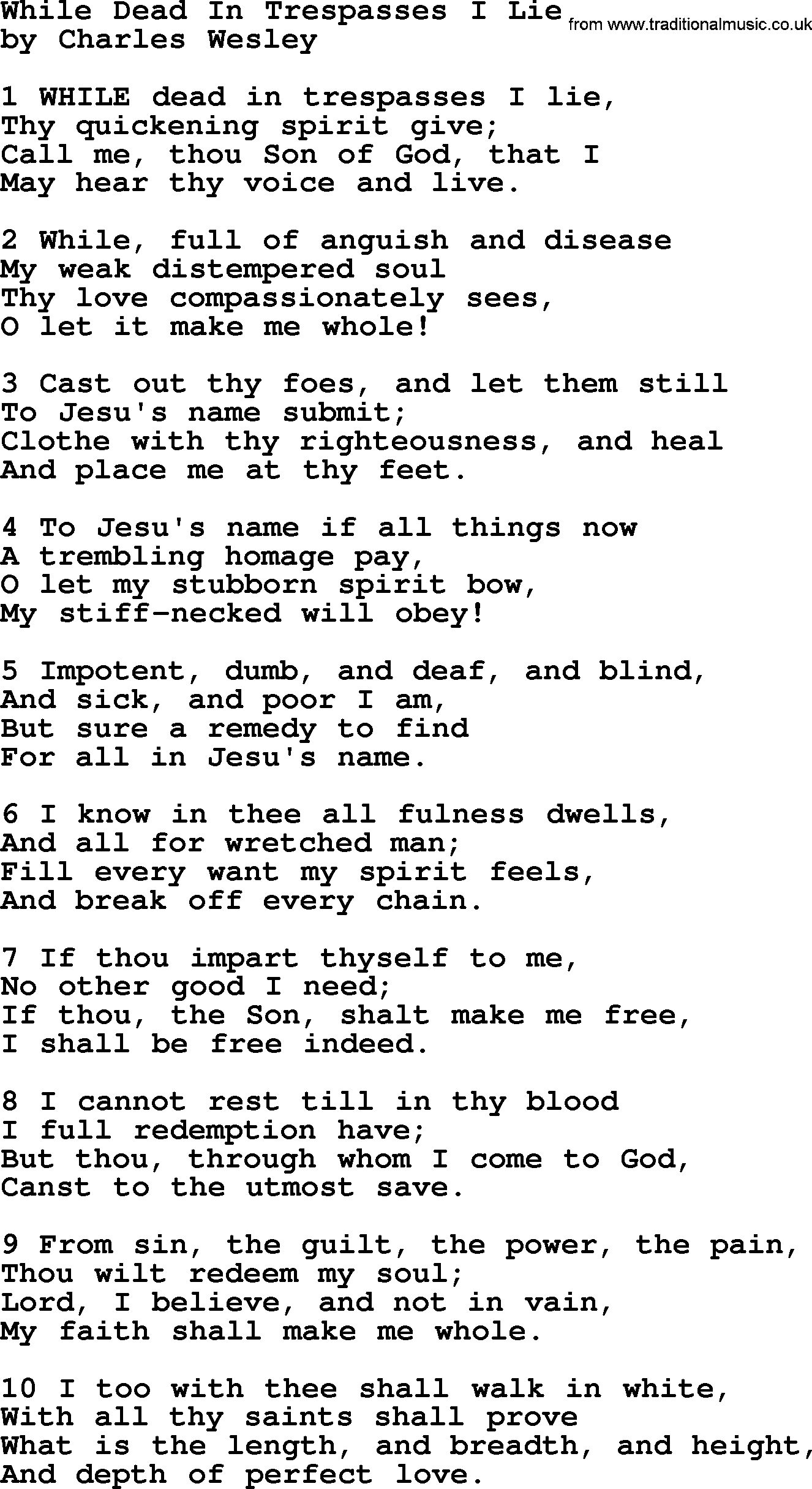Charles Wesley hymn: While Dead In Trespasses I Lie, lyrics