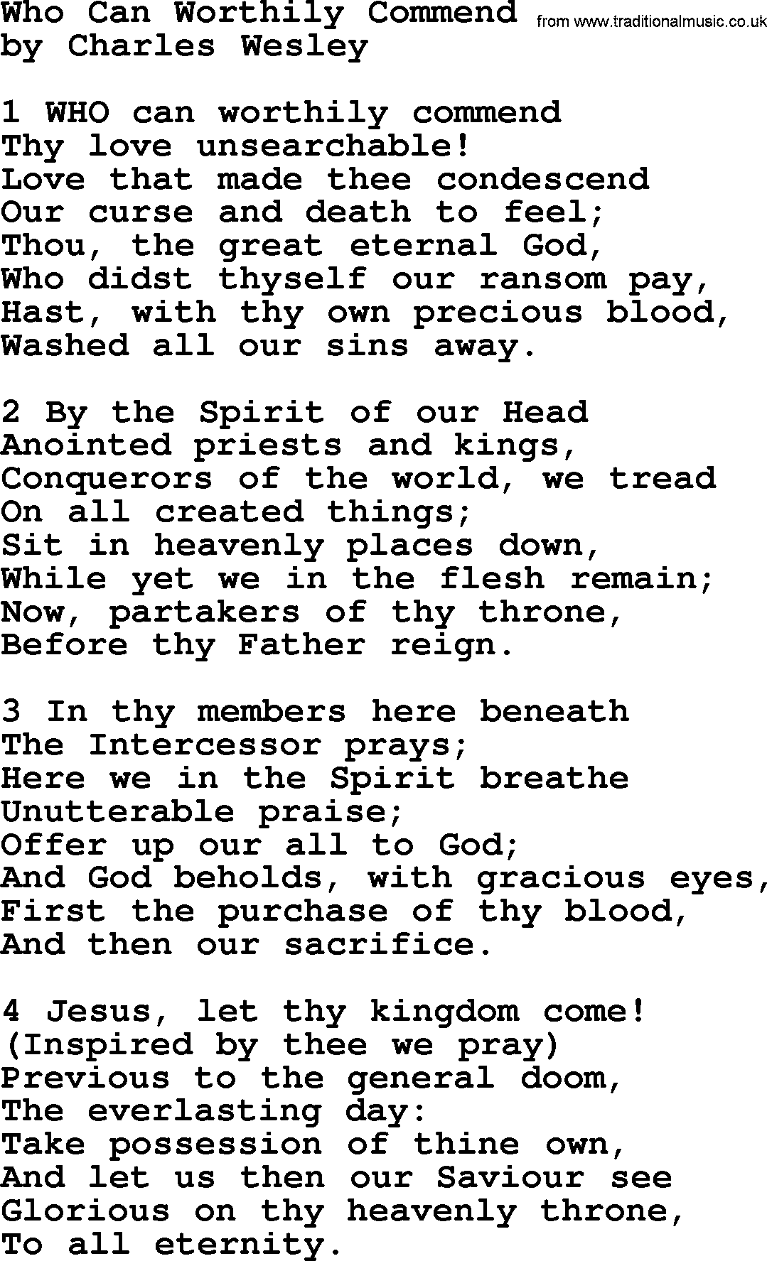 Charles Wesley hymn: Who Can Worthily Commend, lyrics