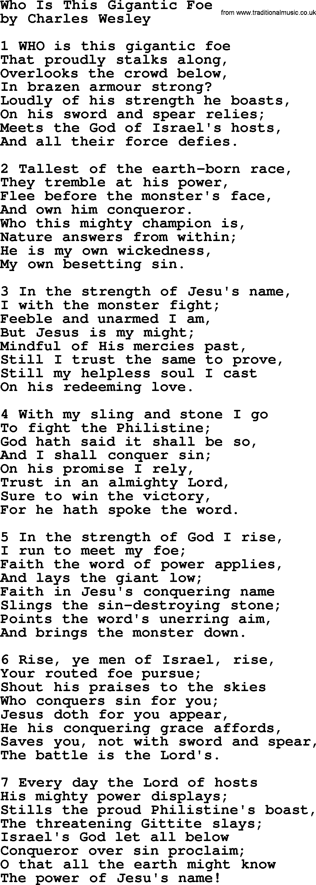 Charles Wesley hymn: Who Is This Gigantic Foe, lyrics