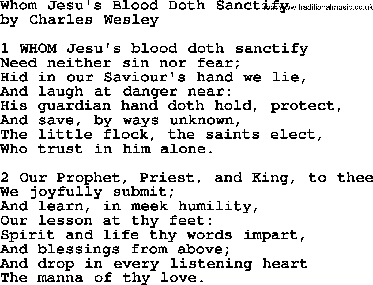 Charles Wesley hymn: Whom Jesu's Blood Doth Sanctify, lyrics