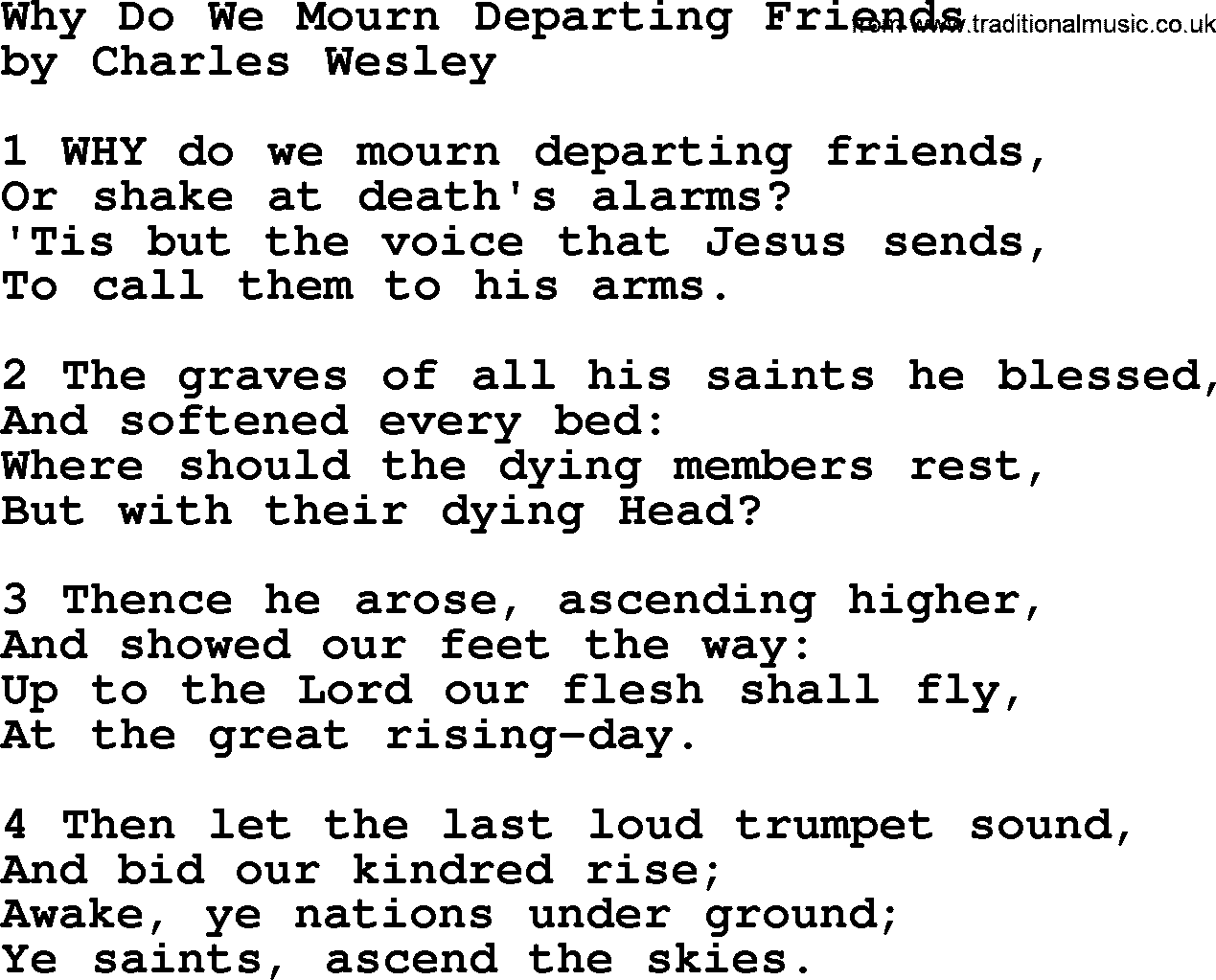Charles Wesley hymn: Why Do We Mourn Departing Friends, lyrics