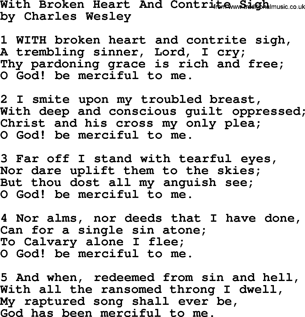 Charles Wesley hymn: With Broken Heart And Contrite Sigh, lyrics