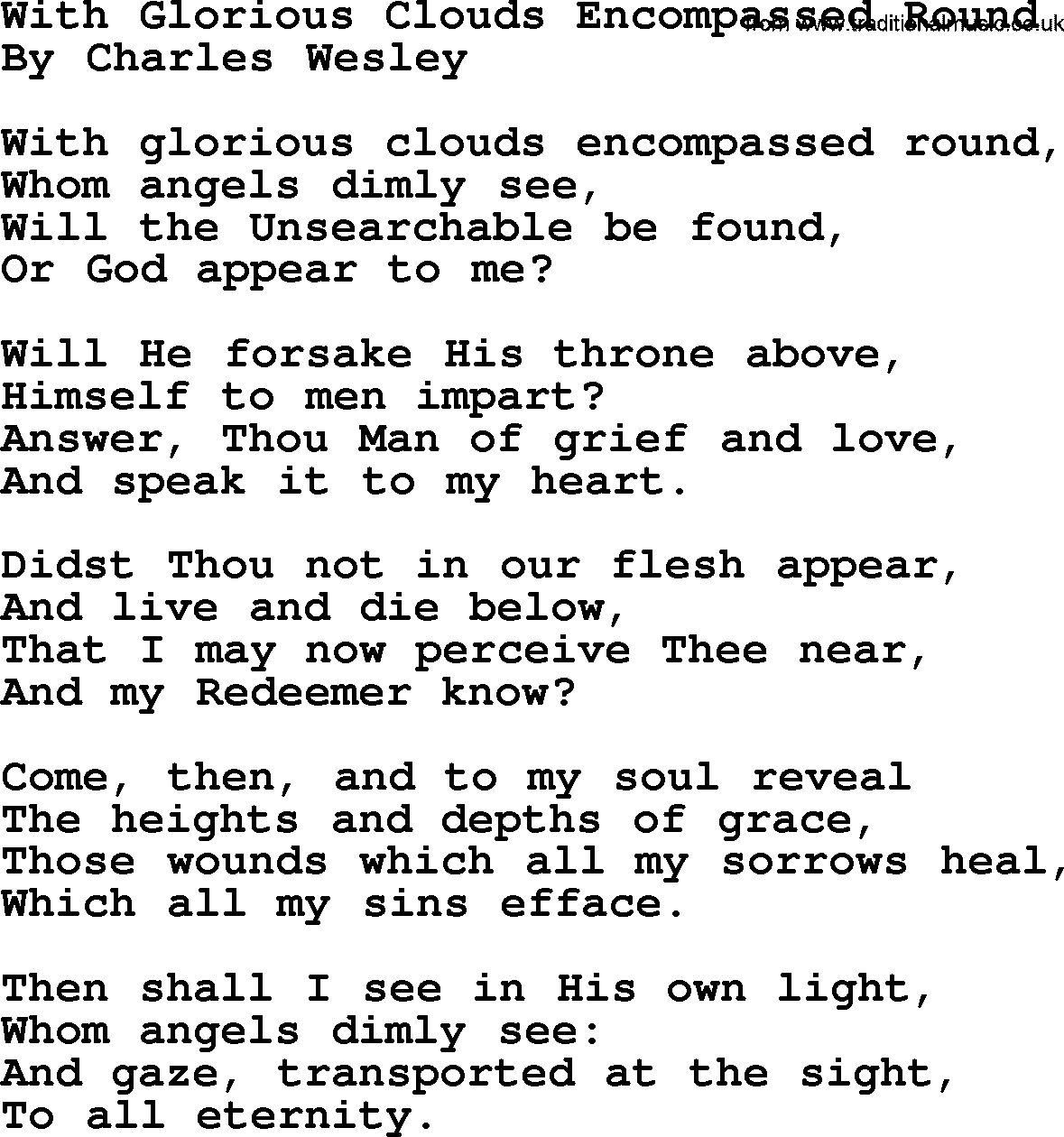 Charles Wesley hymn: With Glorious Clouds Encompassed Round, lyrics