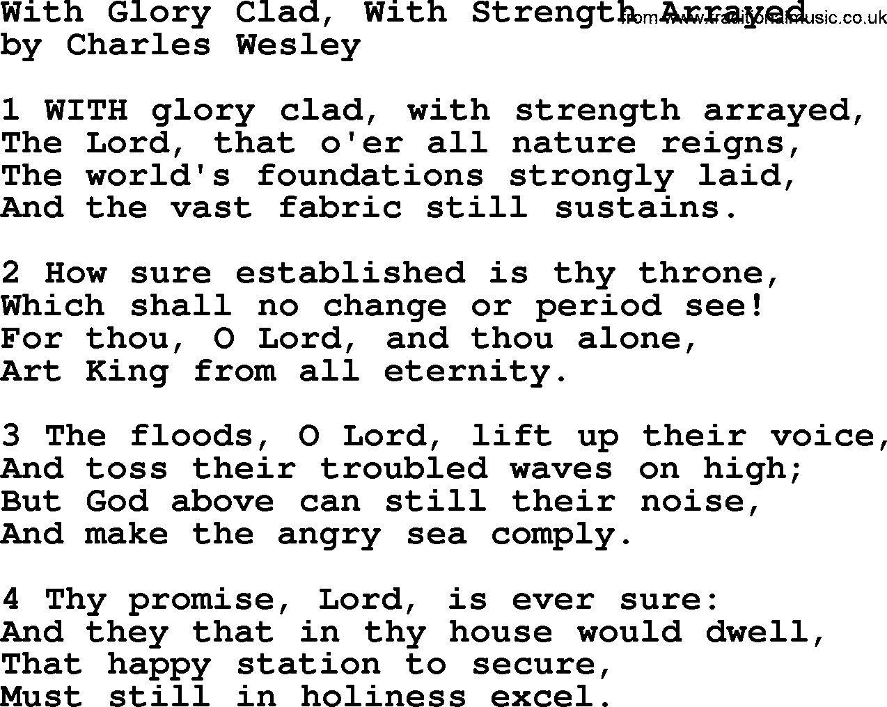 Charles Wesley hymn: With Glory Clad, With Strength Arrayed, lyrics