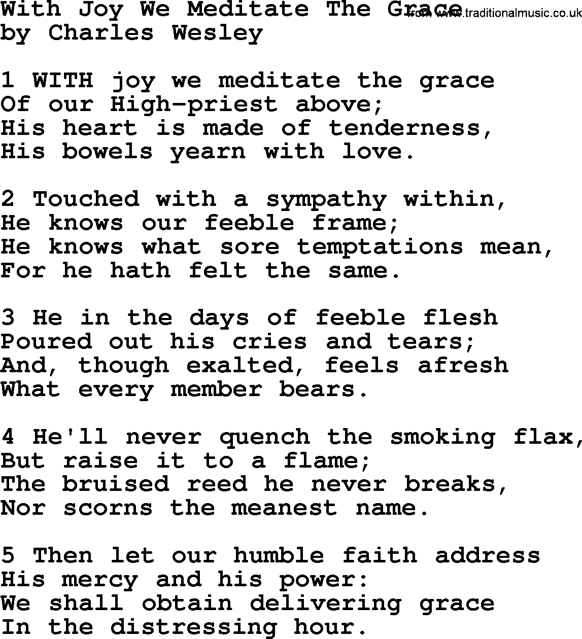 Charles Wesley hymn: With Joy We Meditate The Grace, lyrics