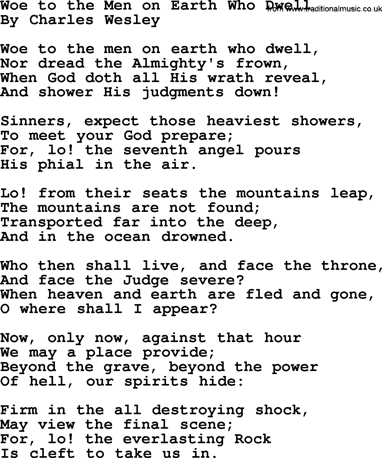 Charles Wesley hymn: Woe To The Men On Earth Who Dwell, lyrics
