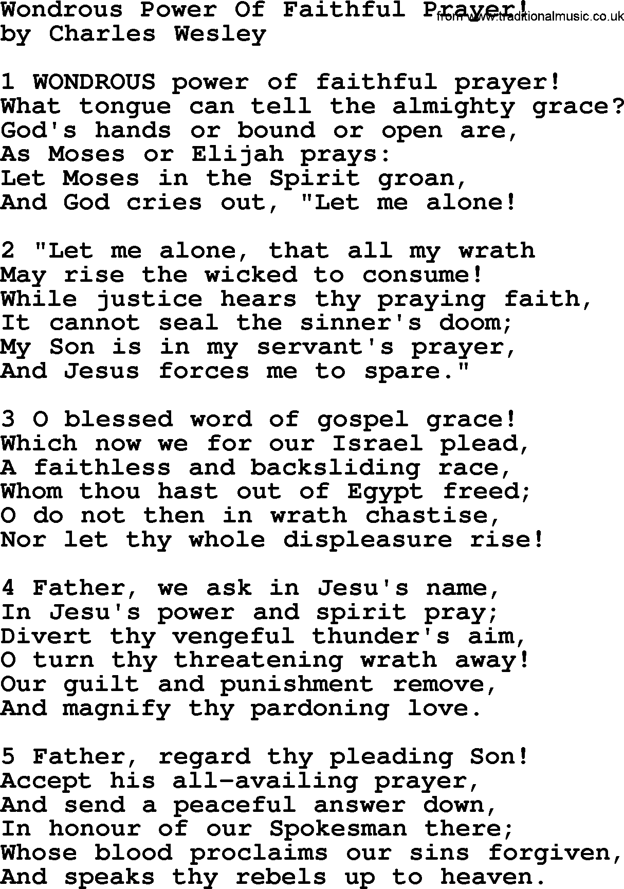 Charles Wesley hymn: Wondrous Power Of Faithful Prayer!, lyrics