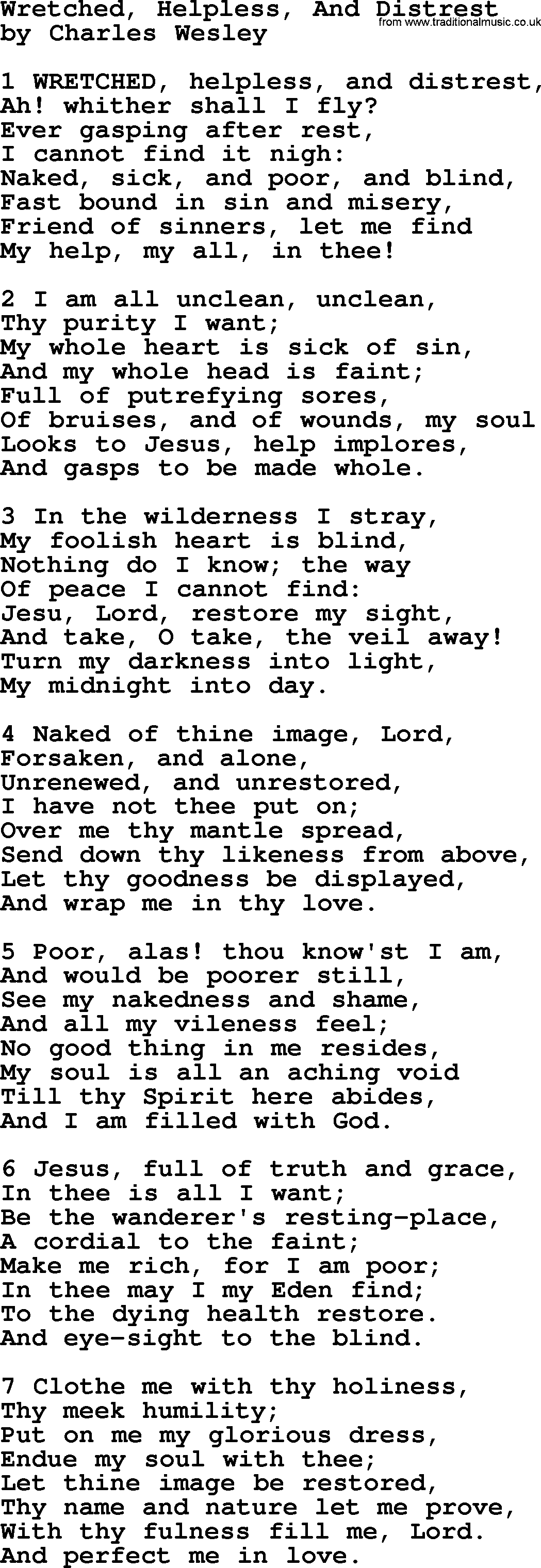 Charles Wesley hymn: Wretched, Helpless, And Distrest, lyrics