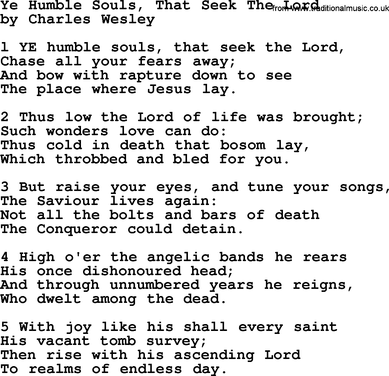 Charles Wesley hymn: Ye Humble Souls, That Seek The Lord, lyrics