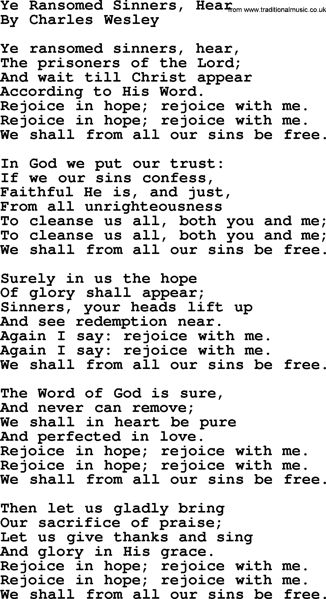 Charles Wesley hymn: Ye Ransomed Sinners, Hear, lyrics