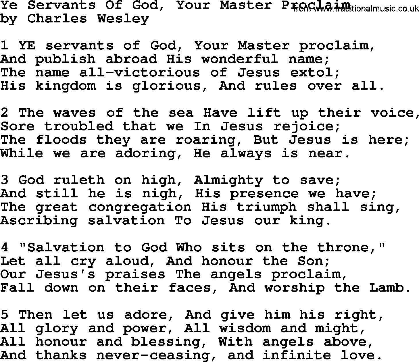 Charles Wesley hymn: Ye Servants Of God, Your Master Proclaim, lyrics