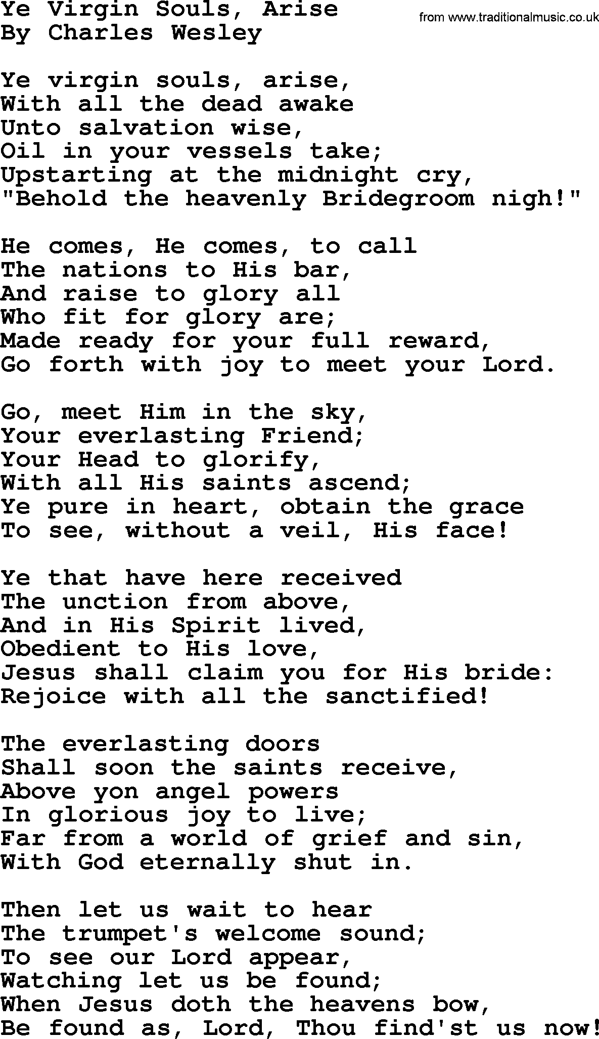 Charles Wesley hymn: Ye Virgin Souls, Arise, lyrics