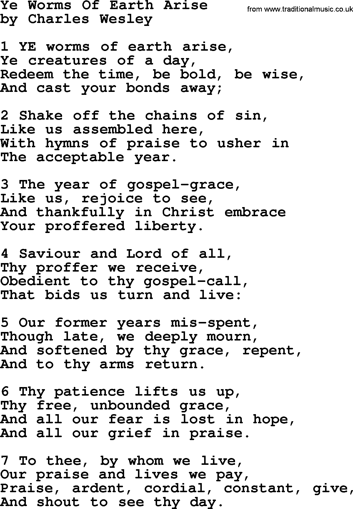 Charles Wesley hymn: Ye Worms Of Earth Arise, lyrics