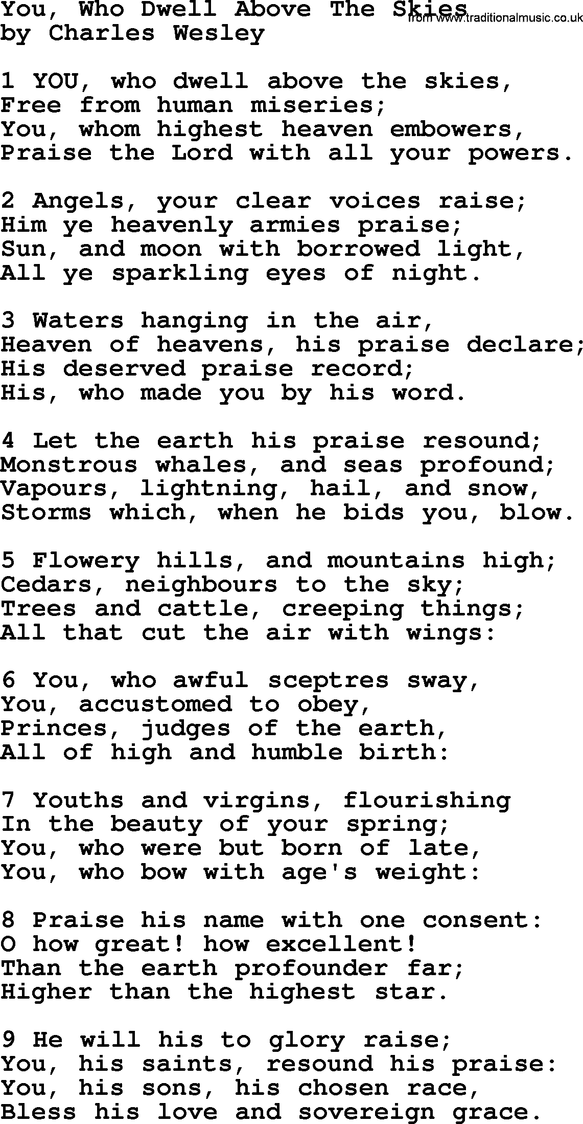 Charles Wesley hymn: You, Who Dwell Above The Skies, lyrics