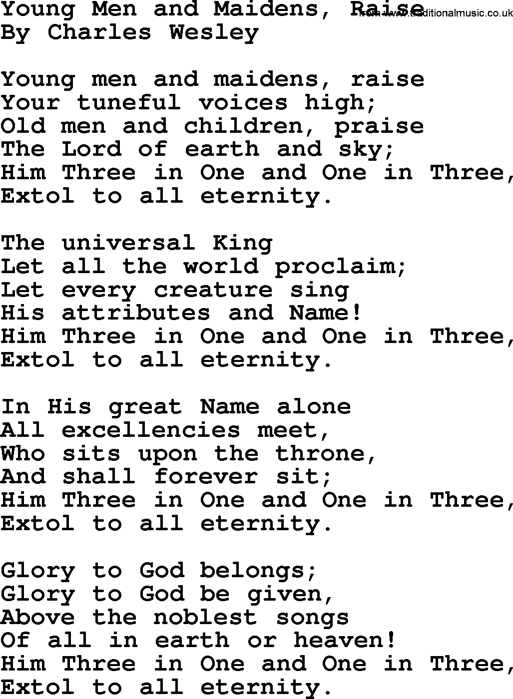Charles Wesley hymn: Young Men And Maidens, Raise, lyrics