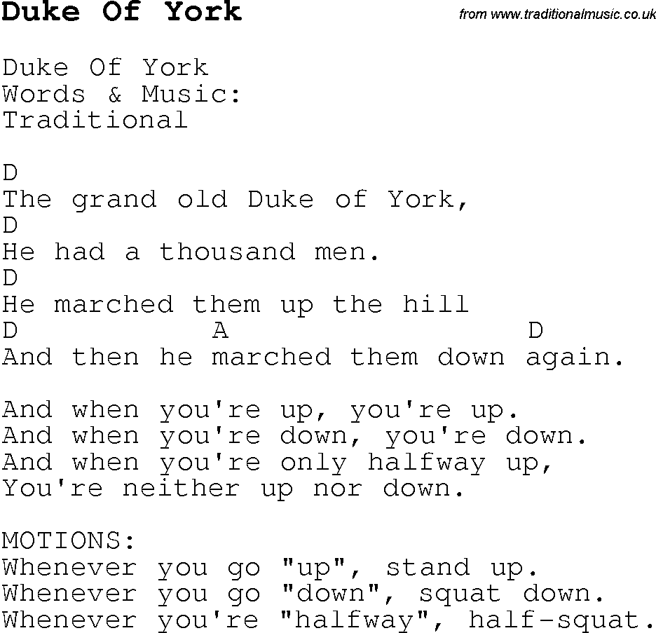 Childrens Songs and Nursery Rhymes, lyrics with chords for guitar, banjo etc for song duke-of-york