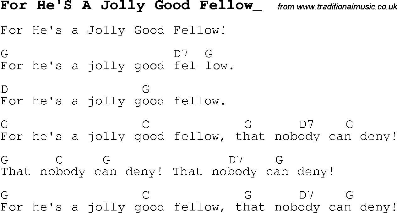 Childrens Songs and Nursery Rhymes, lyrics with chords for guitar, banjo etc for song for-hes-a-jolly-good-fellow_