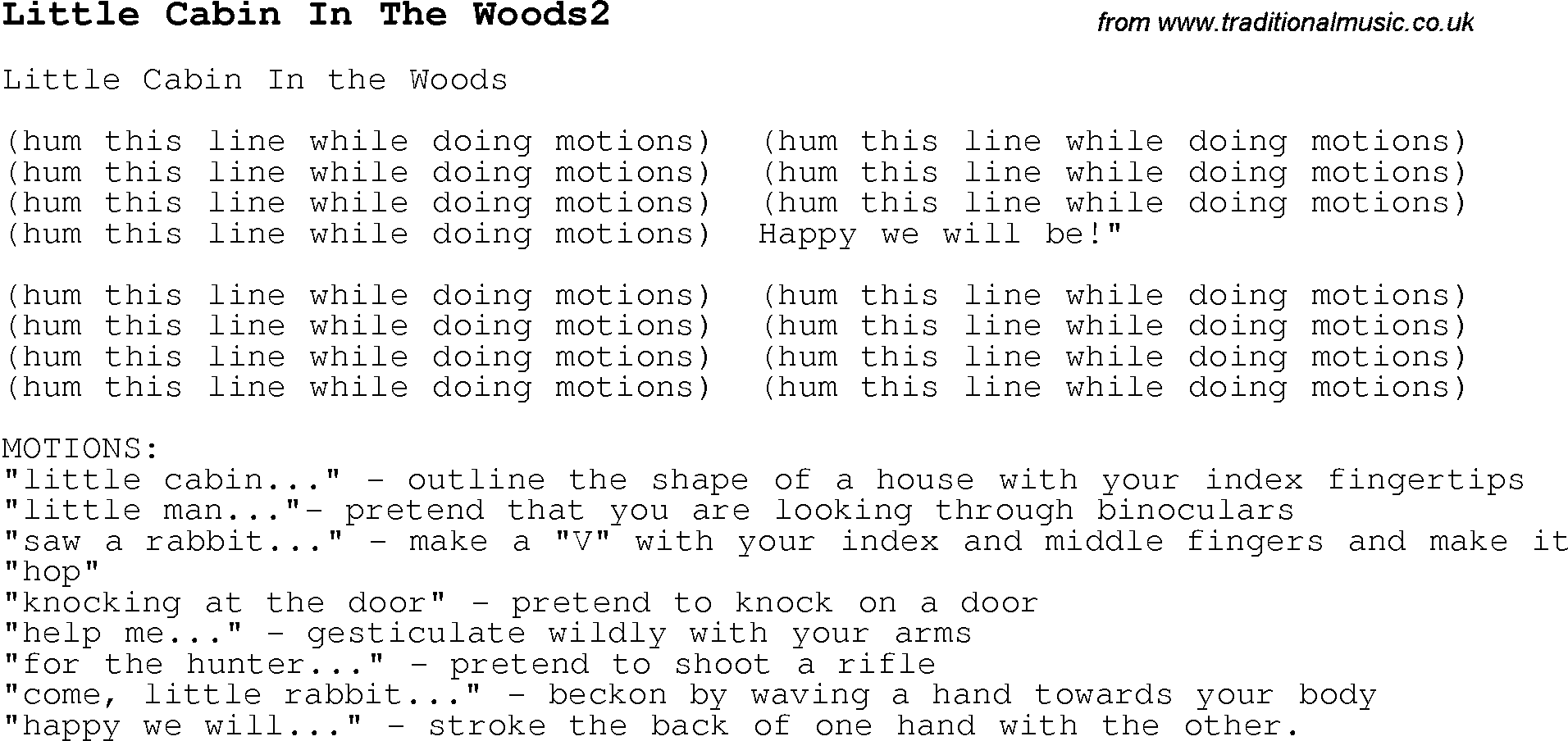 Childrens Songs and Nursery Rhymes, lyrics with chords for guitar, banjo etc for song little-cabin-in-the-woods2