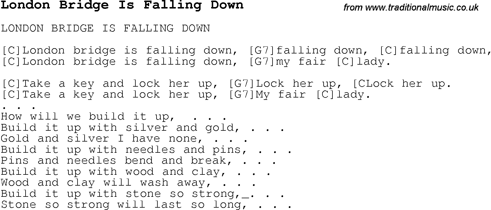 Childrens Songs and Nursery Rhymes, lyrics with chords for guitar, banjo etc for song london-bridge-is-falling-down