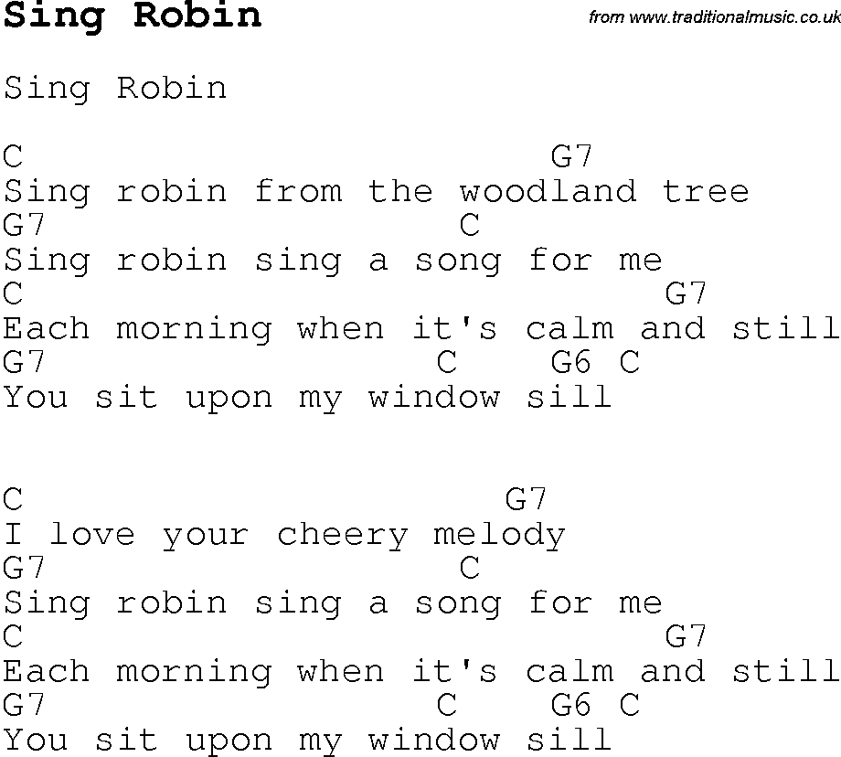 Childrens Songs and Nursery Rhymes, lyrics with chords for guitar, banjo etc for song sing-robin