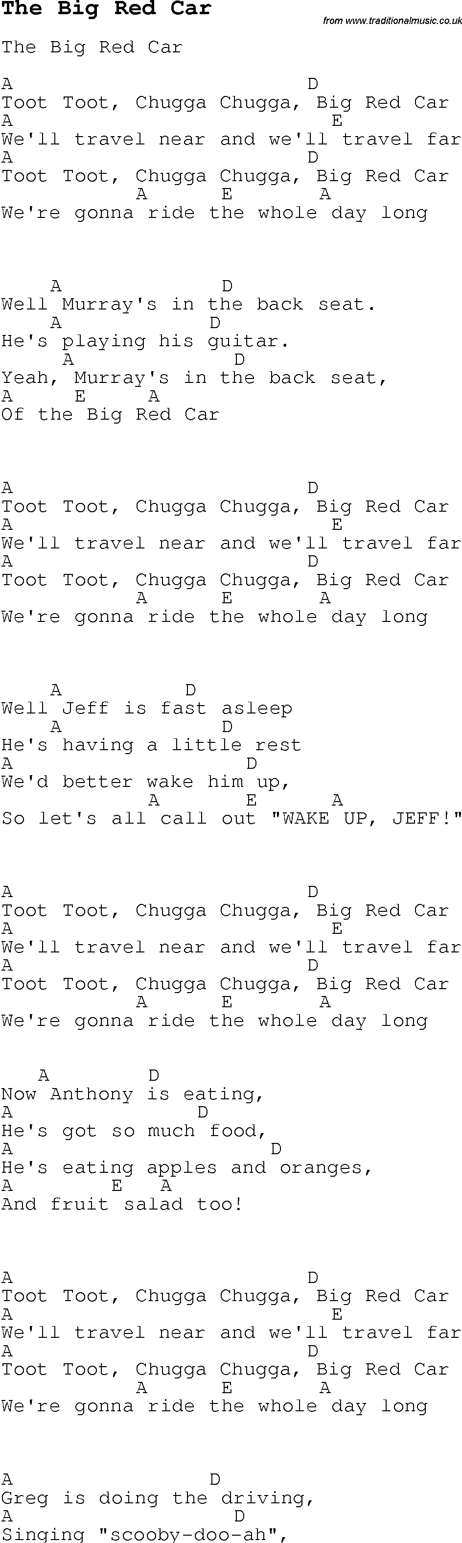 Childrens Songs and Nursery Rhymes, lyrics with chords for guitar, banjo etc for song the-big-red-car