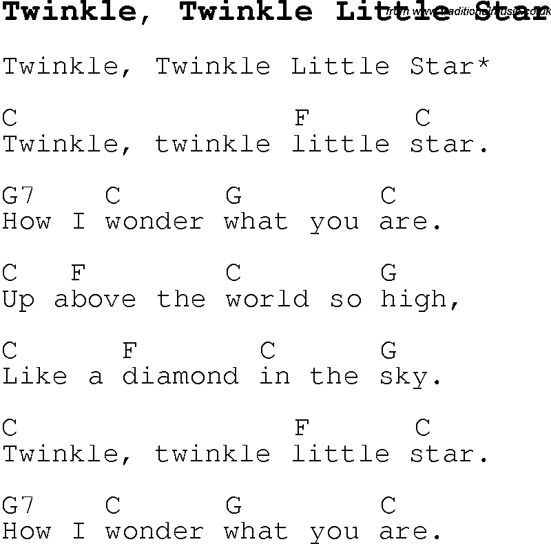 Childrens Songs and Nursery Rhymes, lyrics with chords for guitar, banjo etc for song twinkle,-twinkle-little-star