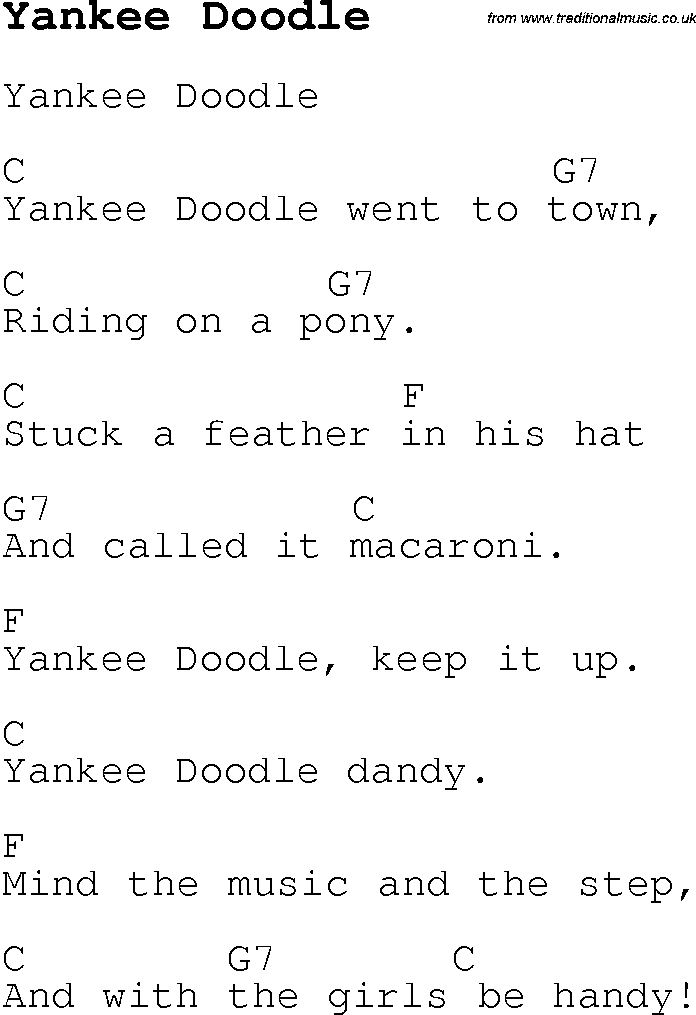 Childrens Songs and Nursery Rhymes, lyrics with chords for guitar, banjo etc for song yankee-doodle