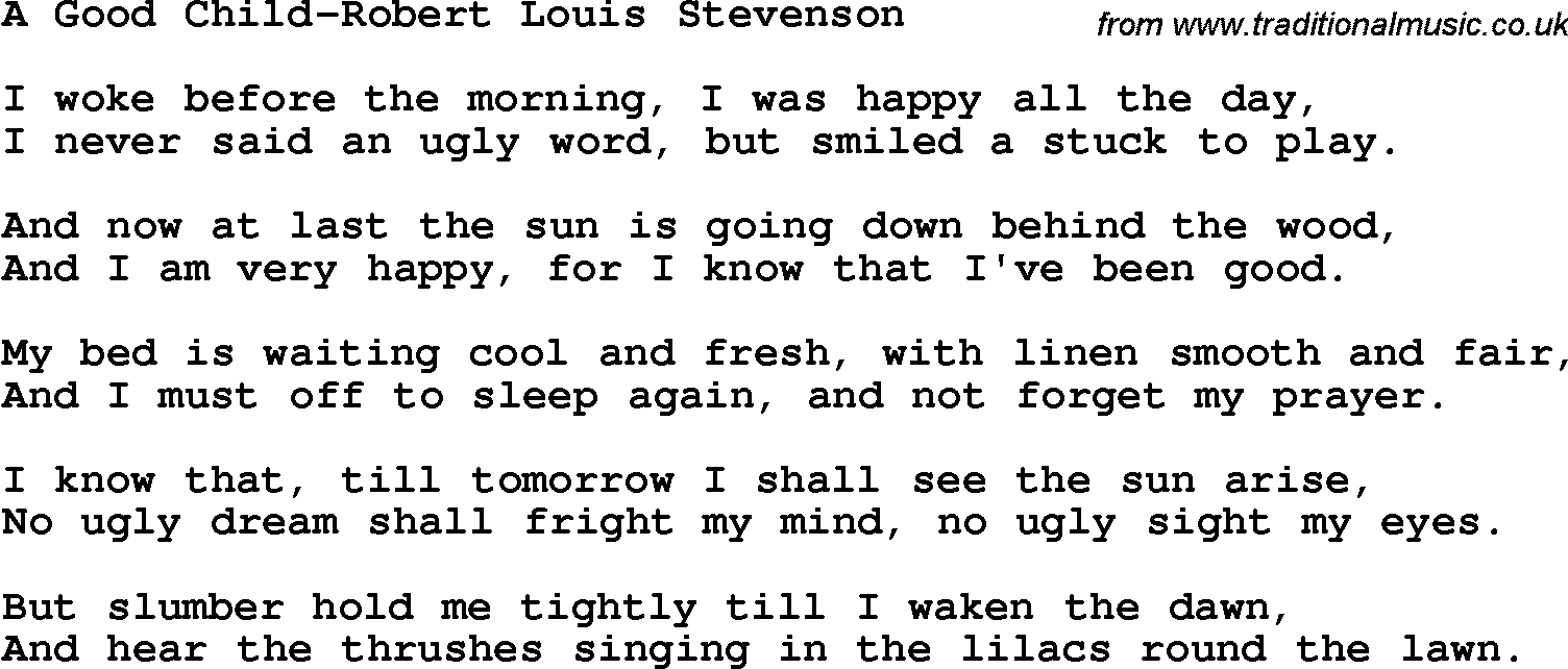 Christian Chlidrens Song A Good Child-Robert Louis Stevenson Lyrics