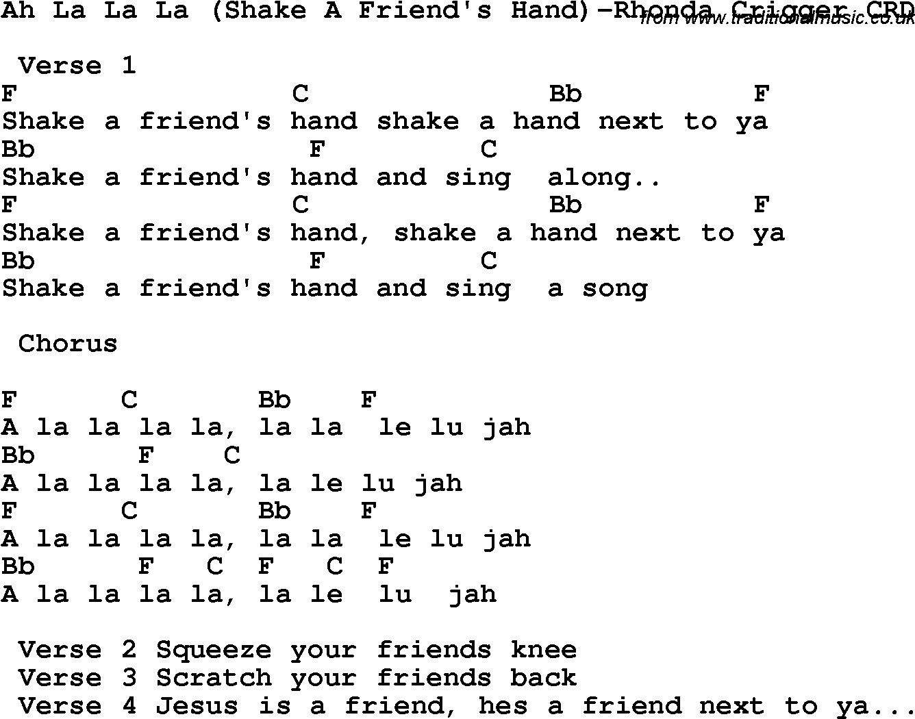 Christian Chlidrens Song Ah La La La Shake A Friend's Hand-Rhonda Crigger CRD Lyrics & Chords