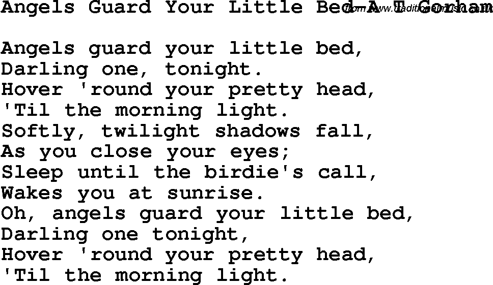 Christian Chlidrens Song Angels Guard Your Little Bed-A T Gorham Lyrics