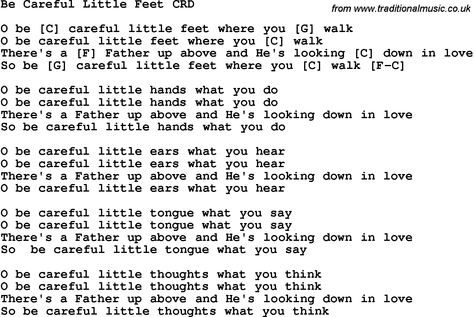 Christian Childrens Song Be Careful Little Feet Lyrics And Chords It made me sensitive to my choices. traditional music library