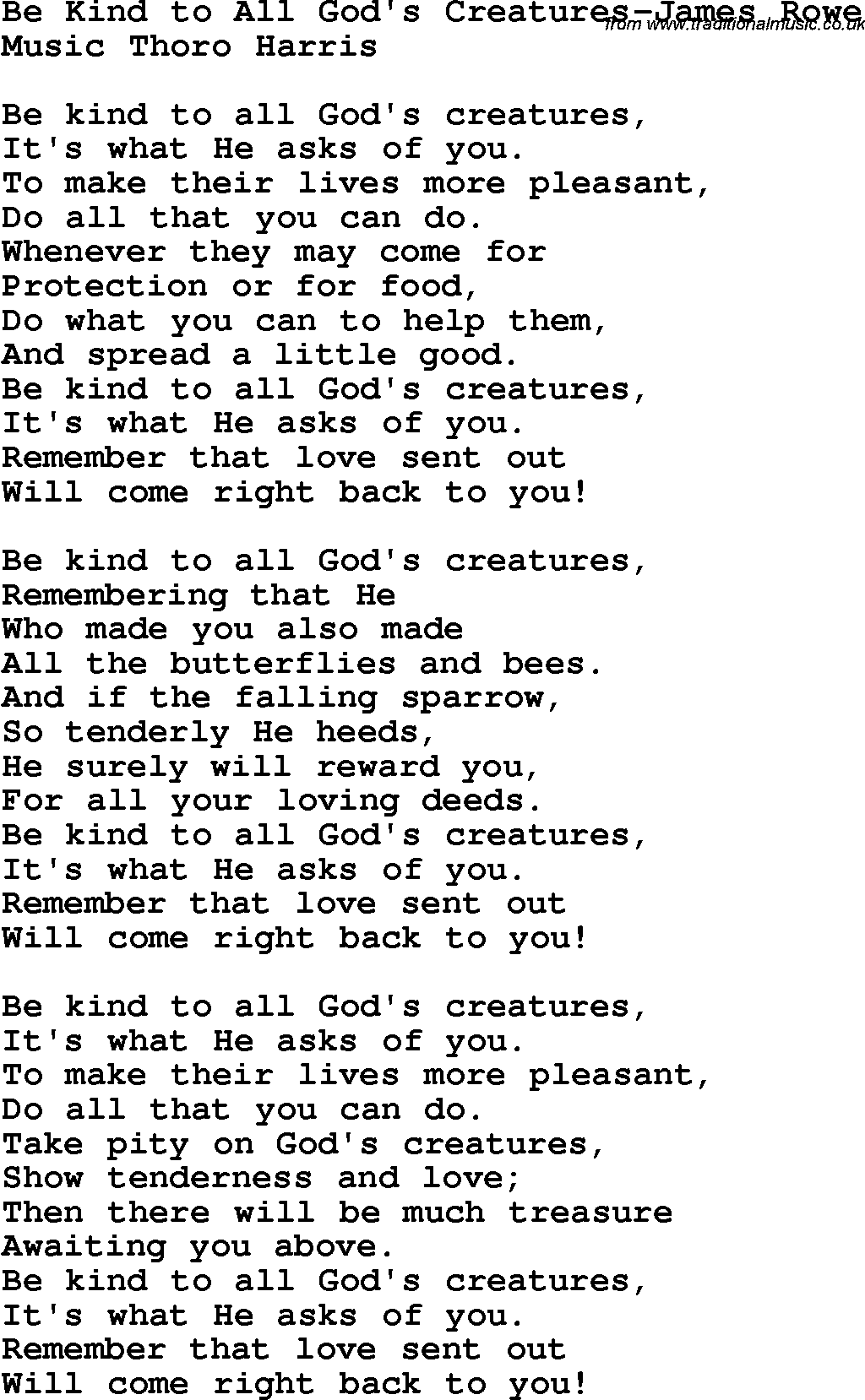 Christian Chlidrens Song Be Kind To All God's Creatures-James Rowe Lyrics