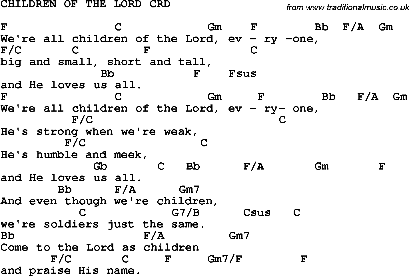 Christian Chlidrens Song Children Of The Lord CRD Lyrics & Chords