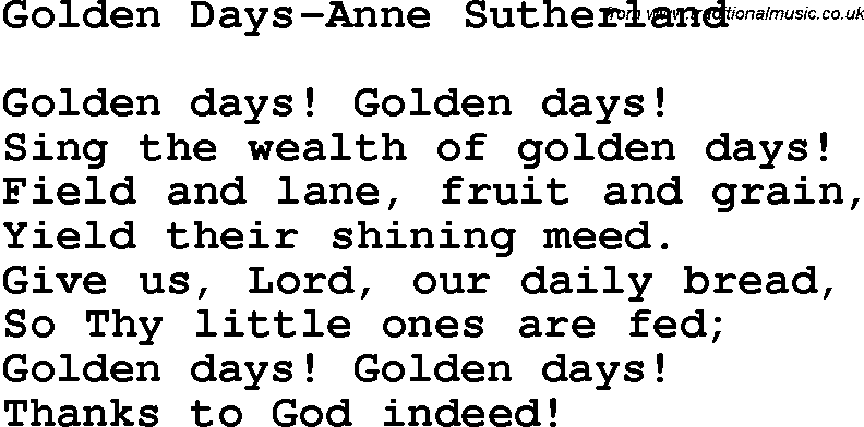 Christian Chlidrens Song Golden Days-Anne Sutherland Lyrics