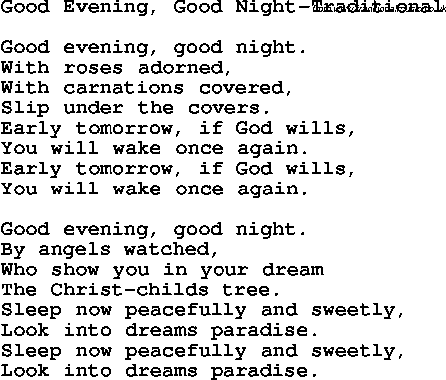 Christian Chlidrens Song Good Evening, Good Night-Traditional Lyrics