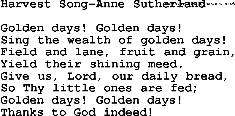 Christian Chlidrens Song Harvest Song-Anne Sutherland Lyrics