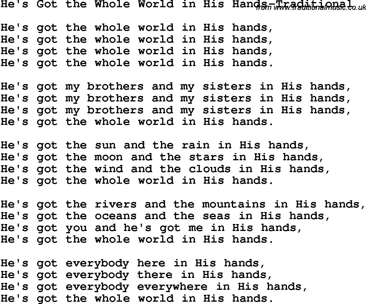 Christian Chlidrens Song He's Got The Whole World In His Hands-Traditional Lyrics
