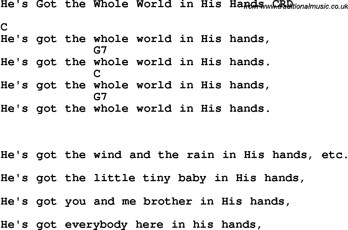 Christian Chlidrens Song He's Got The Whole World In His Hands CRD Lyrics & Chords