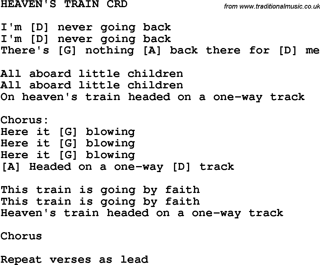 Christian Chlidrens Song Heaven's Train CRD Lyrics & Chords