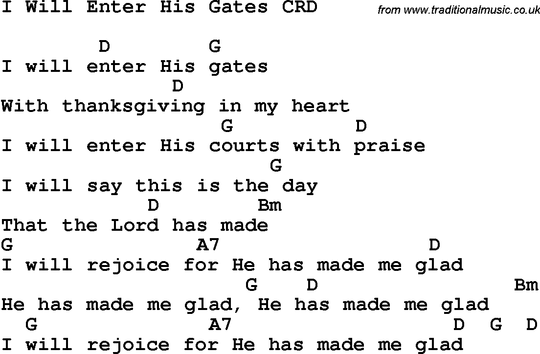 Christian Chlidrens Song I Will Enter His Gates CRD Lyrics & Chords