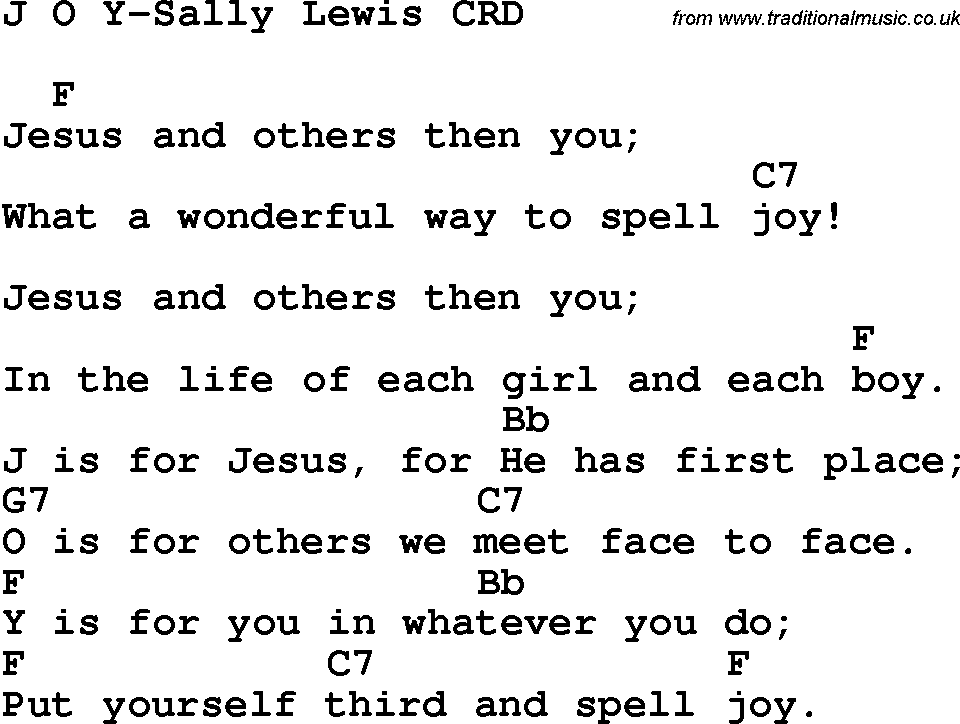 Christian Chlidrens Song J O Y-Sally Lewis CRD Lyrics & Chords