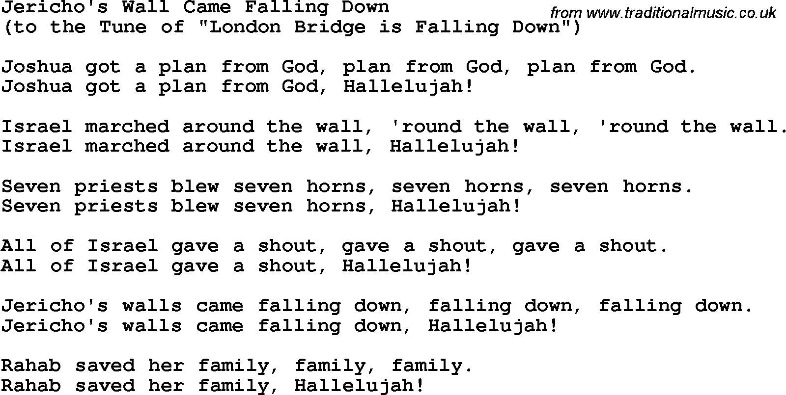 Christian Chlidrens Song Jericho's Wall Came Falling Down Lyrics