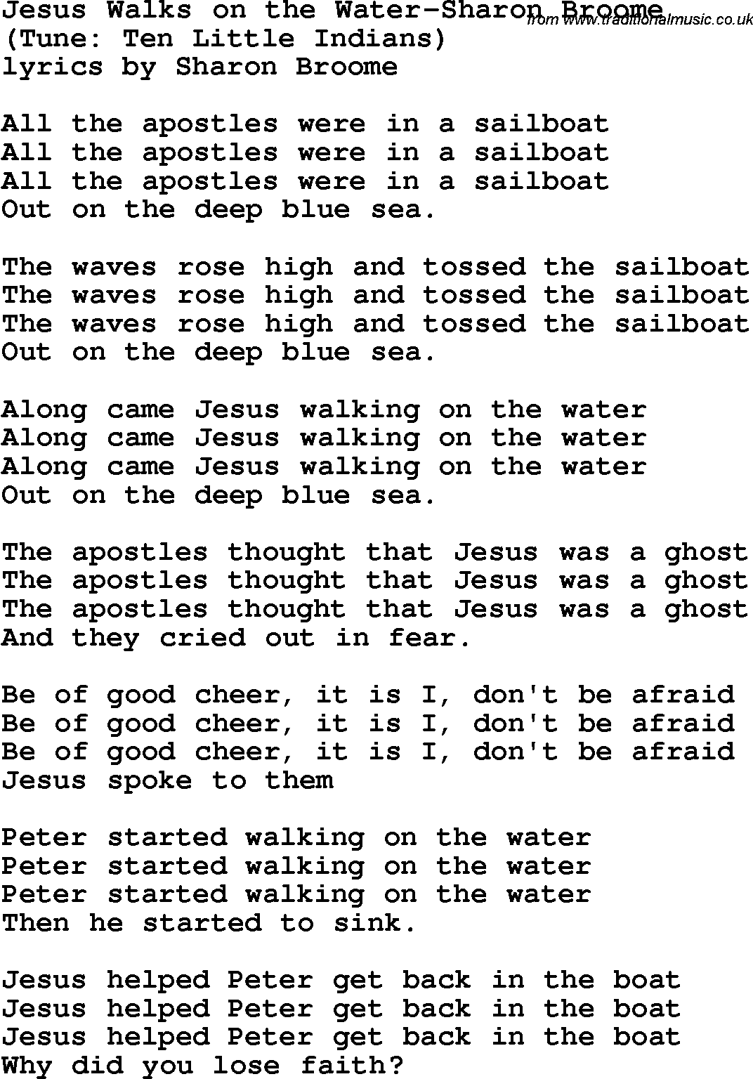 Christian Chlidrens Song Jesus Walks On The Water-Sharon Broome Lyrics