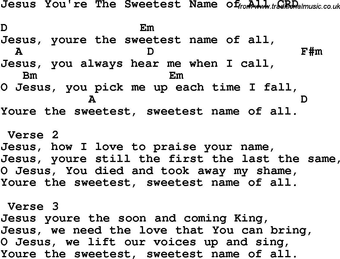 Christian Chlidrens Song Jesus You're The Sweetest Name Of All CRD Lyrics & Chords