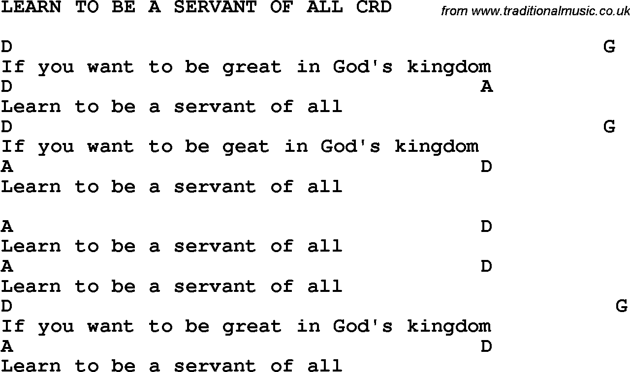 Christian Chlidrens Song Learn To Be A Servant Of All CRD Lyrics & Chords