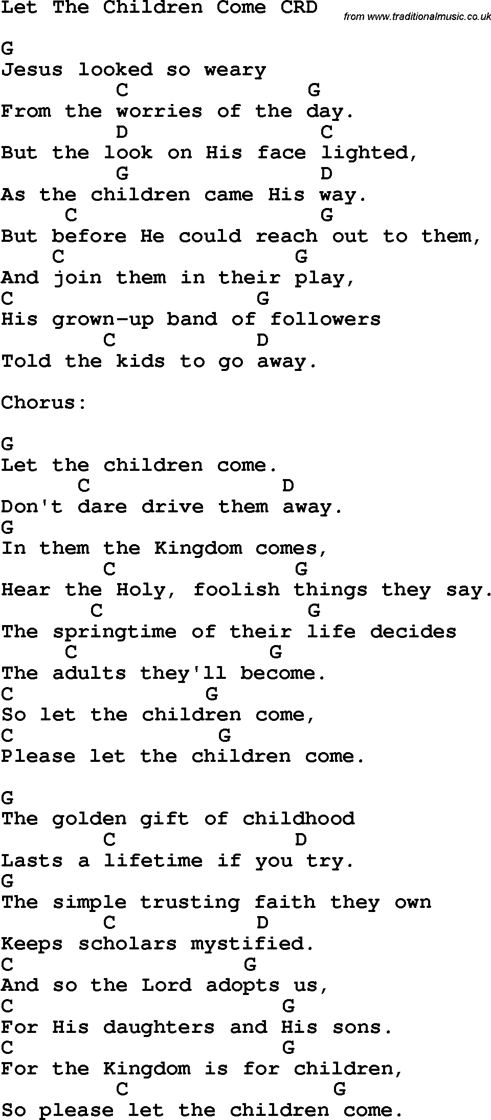Christian Chlidrens Song Let The Children Come CRD Lyrics & Chords